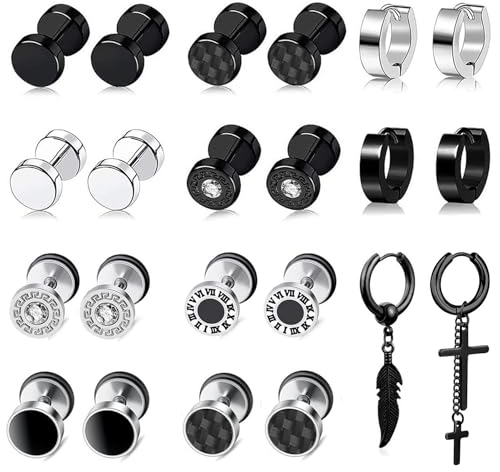 22 Piezas Pendientes de Aro para Hombres y Mujeres - Acero Inoxidable Fake Plug Negro Redondo Hipoalergénico Colgantes