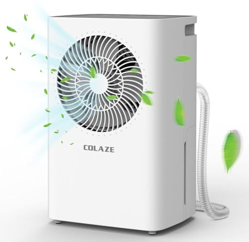 COLAZE Deshumidificador 12L en 24h, tipo compresor de potencia de deshumidificación, deshumidificador automático para casa, sótano, dormitorio, baño hasta 120 m³ (~ 20 m²), pantalla digital, manguera