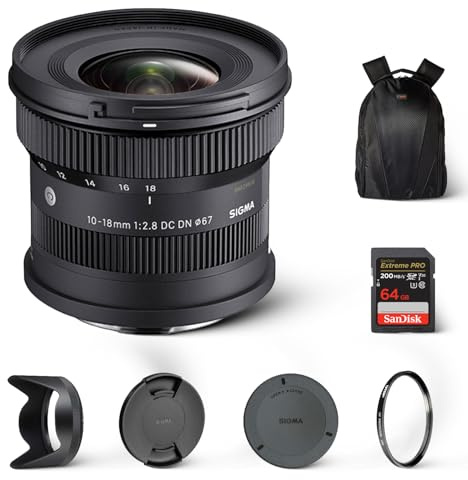 Sigma 10-18mm F2.8 DC DN Contemporary Lens for Sony E | Ultra Wide-Angle Zoom with Tiffen 67mm UV Protector Filter, Waith Camera Backpack and 64GB Extreme PRO UHS-I SDXC Memory Card (Bundle Set)