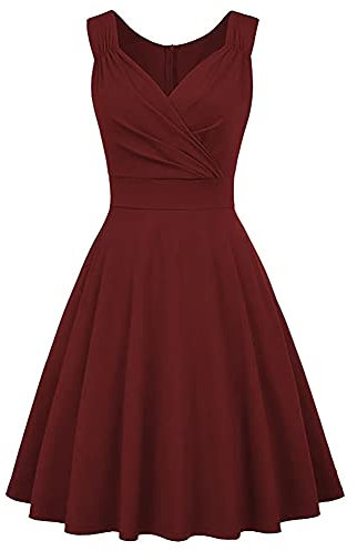 IBAKOM Damen 50/60er Vintage Retro Cocktailkleid Rockabilly Kleider Elegant Knielang Ballkleid Audrey Hepburn Kostüm V-Ausschnitt Abendkleider für Frauen weinrot Medium