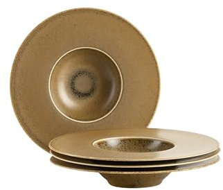 MÄSER Grumpy 935274 - Piatti gourmet di alta qualità con bordo largo, realizzati in Portogallo, set di stoviglie da 4 pezzi; piatti per pasta con glassa reattiva in elegante oro e marrone, porcellana