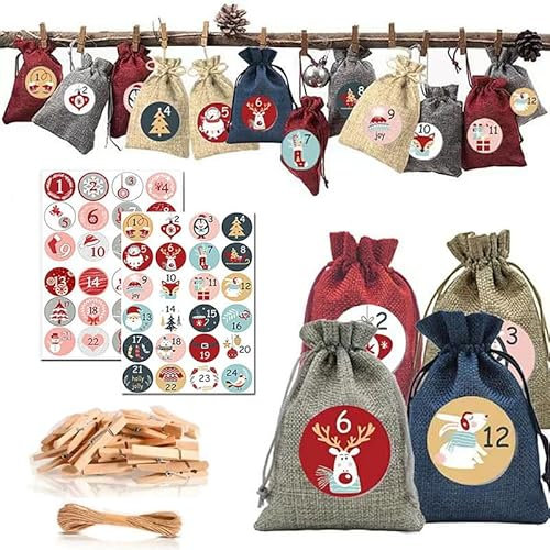 Minicoco 24PCS Christmas Advent Calendar Bags DIY Countdown Burlap Hanging Drawstring Gift Bag 24 Days, with Advent Numbers Stickers, Clips, Rope, for Christmas Decorations and Tree Gifts