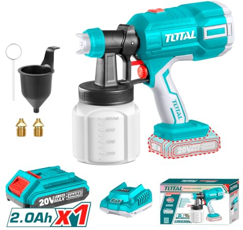 Total - Pistola de Pintura a Batería 20V - Volumen Máximo de 800 ml/min - Viscosidad Máxima de 120 DIN - Depósito de 800 ml- Incluye Embudo Medidor de Viscosidad - 1 Batería 2AH - Cargador - Maletín