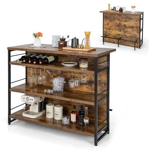 GIANTEX Hausbar Theke Bar, Barschrank mit 4 offenen Ablagen, Bartisch Küchen Tresentisch mit Weinregal & Gläserhalter, Küchenregal Küchentheke 120 x 60 x 101 cm, Küchenbar Küchentresen