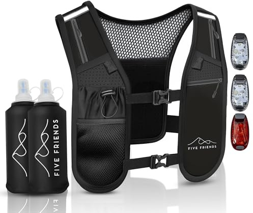 Running Vest with 2 Water Bottles & 3 LED Lights – Lightweight Reflective Hydration Vest with 6 Pockets – Adjustable Running Backpack for Men & Women, Ideal for Marathon & Night Trainings
