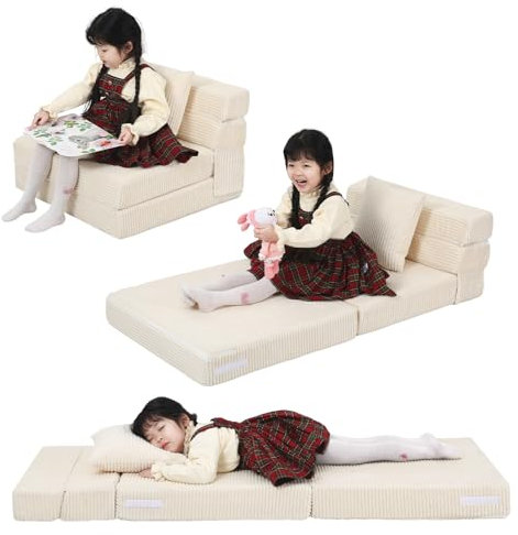 MeMoreCool Cord Spielsofa Kindersofa, Glow-Kinder Sofa, Kinder-Klappsofa, Flip-Sofa Kindercouch, Z-Bett, kindersofa ausklappbar, Bodenbett, Klappcouch für Spielzimmer, Beige