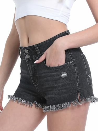 Chasehot Jeansshorts för Dam, Damjeansshorts med hög Midja, Denim Kortbyxor, Eleganta Rivna Shorts, Stretch Sommarjeans med rå Kant, Svart-M