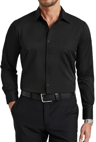 Enlision Camicia Nera Uomo Maniche Lunghe No Stiro Elasticizzata Antipiega Taglio Regolare con Bottoni e Tasca per Ufficio Cerimonia Funerale M