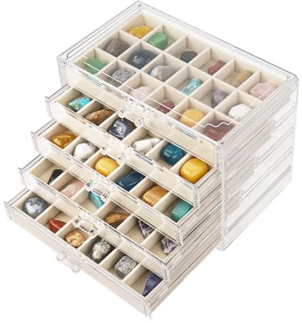 Dmnnlp Rock Vitrine 5 tiroirs 90 grilles Acrylique Rock Boîte de rangement pour petites pierres précieuses Fossil Cristal Pierre Objets de collection (beige)