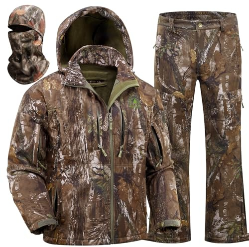 Wild Cedar Camo Hunting Clothes for Men with Fleece Lining,Quiet Insulated Hunting Jacket and Pants, Water Resistant Suit for Cold Weather Deer Duck Hunting