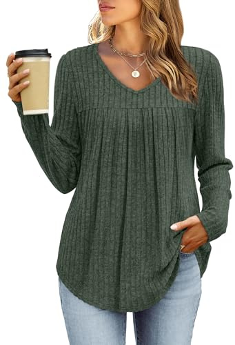 WIHOLL Long Sleeve Tops V Neck Women's Jumpers Green Striped Tops for Women UK Ladies Sweaters Tunic L Size 14-16