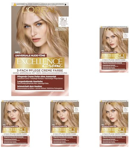 L'Oréal Paris Permanente Haarfarbe für jeden Hautton, Coloration ohne Ammoniak, Universale Nude-Töne mit vollständiger Grauhaarabdeckung, Excellence Creme, Nr. 9U Sehr helles Blond (Blond), 1 Stück