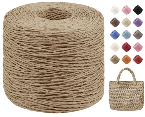 Uiopa Rafia para Tejer Crochet, 250g/380m Hilo de Rafia Natural, Hilo Crochet de Papel para Bolsos, Sombreros, Cestas, Decoración, Manualidades
