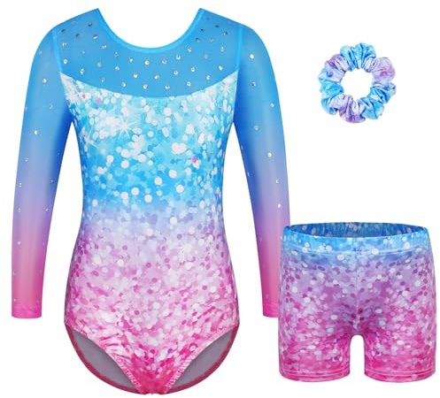 ZNYUNE Justaucorps gymnastique fille Un short et un chouchou Ensemble Body avec Short pour Enfant 3-16 Ans B409 BluePink 8A