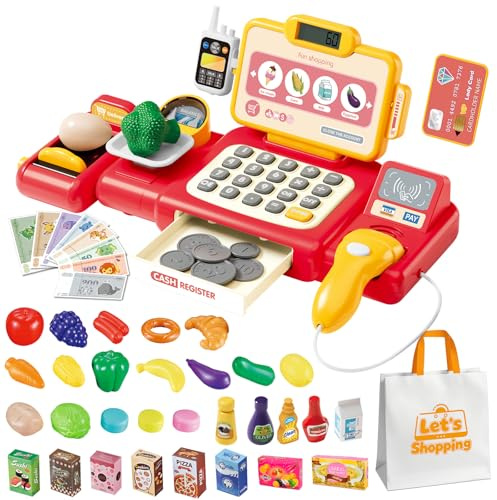 Cash Register Toy for Kids,Toddler Pretend Play Store with Real Calculator,Scanner,Play Food, Money & Credit Card,Supermarket Checkout Set, Math Skills Learning Toys,Birthday Gift for Boys Girls-Red