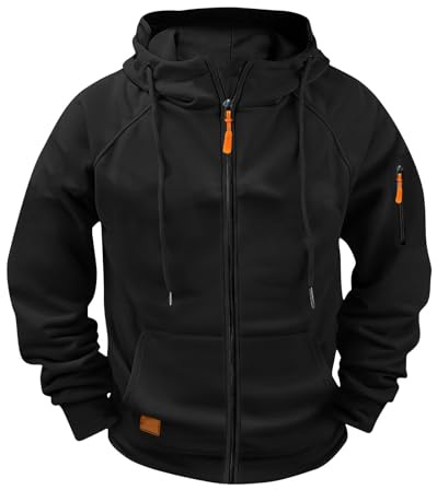 Huvtröja för män med dragkedja, sweatshirt med huva, pullover, normal passform, huvtröja, streetwear, arbetströja med kängurufickor, huvjacka, enfärgad huvtröja för fitness, fritid, svart, 4XL
