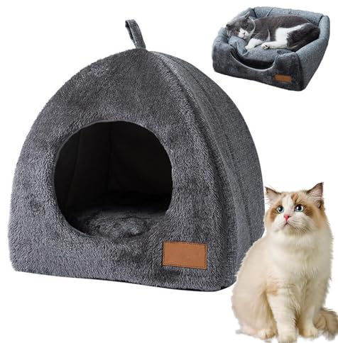 Katzen Höhle, Katzenhütte, Katzenhaus Katzenbetten für die Katzenhöhle Große Katzen, 2-in-1 Geschlossenes Faltbare Katzenbett mit Abnehmbarem Katzenkissen, für Katzen, Kleine Haustiere (Grau, S)