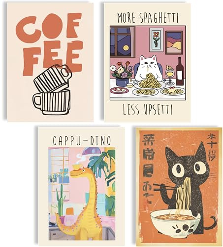 mojoliving Set di poster divertenti per caffè, pasta, animali, illustrazione da parete, formato A4, stampe artistiche moderne, decorazione umoristica, per cucina, soggiorno, ufficio, caffetteria