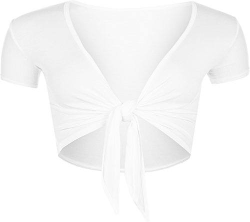 WearAll New Ladies Tie Up Shrug Crop Top Womens Short Sleeve Stretch Open Top White 12/14
