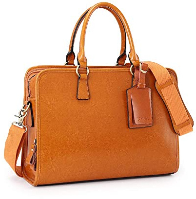 Kattee Aktentasche aus echtem Leder für Frauen, Laptoptasche mit großer Kapazität mit Gepäckanhänger, Braun, Large, braun, Large