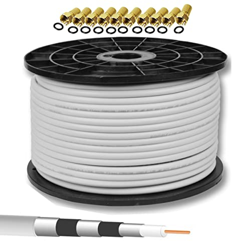 100m 135dB PremiumX Basic Pro Coaxial SAT Cable Câble coaxial blindé à 5 voies Câble d'antenne pour 4K Ultra HD | DVB-S / S2 | DVB-C | DVB-T | Systèmes BK + 10x F-Plug 8,0 mm