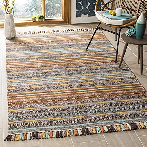 SAFAVIEH Montauk Collection Accent Rug - 3' x 5', Turquoise & Brown, Handmade Boho Stripe Fringe Cotton, Ideal for High Traffic Areas in Entryway, Living Room, Bedroom (MTK901E)