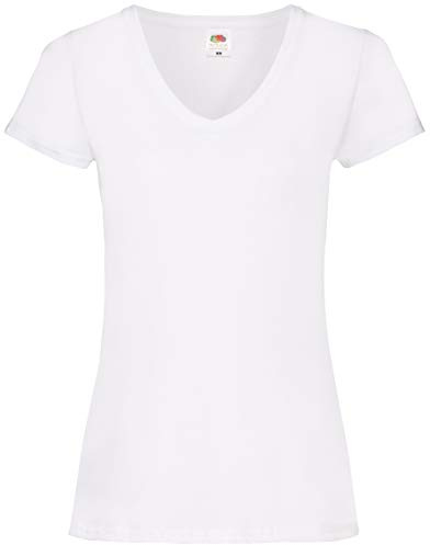 FRUIT OF THE LOOM Women's V-neck Valueweight T Shirt, White, L UK
