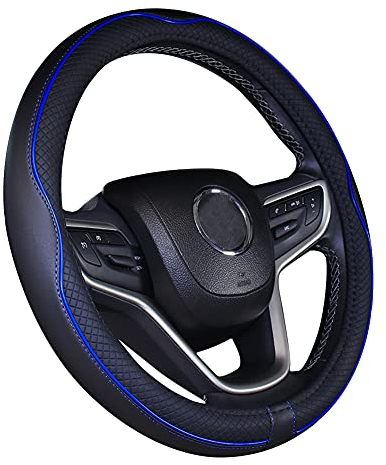 Istn Mikrofaser Leder Auto Lenkradbezug 38cm für die meisten Autos (schwarz dunkelblau)