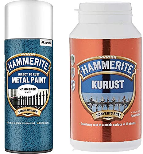 Hammerite 5084784 Metal Paint: Hammered White 400ml (Aerosol) & 5092820 Kurust, 250 ml