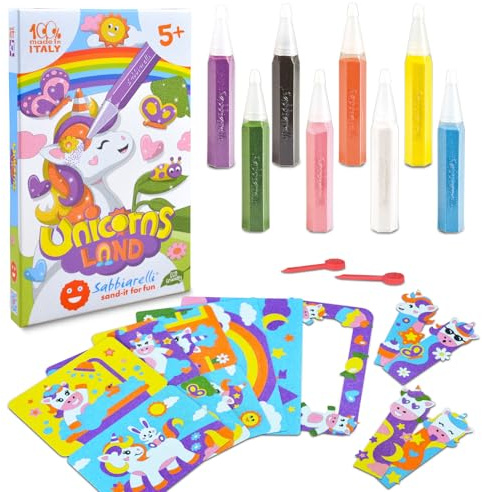 Sabbiarelli – Kit Unicorns Land 5+ | Sand Art-set med enhörningstema | Innehåller självhäftande motiv och kartongark, färgad sand och 2 lyftverktyg | 100% Made in Italy | barn 5-12 år