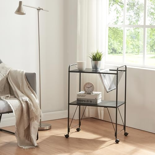 [en.casa] Carrello di Servizio Portavivande a 2 Ripiani e Portariviste Carrellino in Acciaio per Cucina Soggiorno 73 x 50 x 33 cm Nero