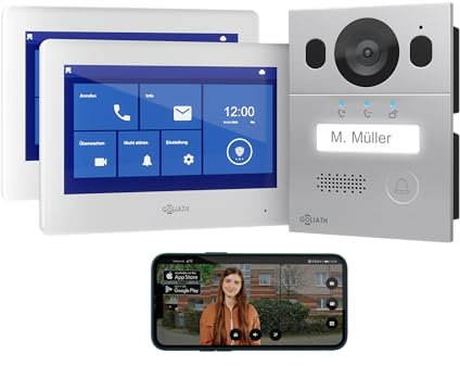 GOLIATH Basic Video Türsprechanlage, 2 Draht Bus, 2X 7 Monitor, Aufputz Türklingel mit Kamera, Gegensprechanlage mit Türöffner und Klingel, 1 Familienhaus, Plug & Play, Smartphone App, AV-BLS-06A