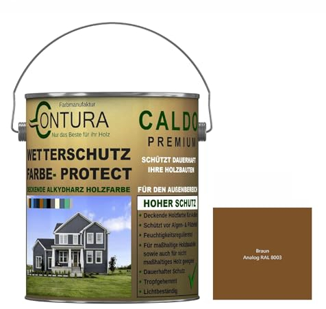 Contura Wetterschutzfarbe 2,5 Liter Holz Dauerschutzfarbe Deckend Buntlack Holzfarbe Holzlasur Seidenmatt (Braun - RAL 8003 Analog)