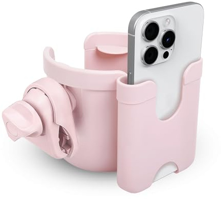 MC MICUS 2-in-1 Universal Stroller Cup Holder with Phone Holder | Secure Drink Organiser for Wheelchair, Pushchair, Buggy, Bike, Walker | Baby Essentials & New Mum Gifts (Pink)