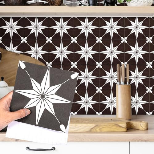 Fantasnight Klebefliesen Fliesenaufkleber Schwarz Weiß，Fliesen Selbstklebende Sterne Matt 15 x 15 cm 12 Stück，Wasserdicht Vinyl Fliesenfolie Klebefliesen Küche Bad