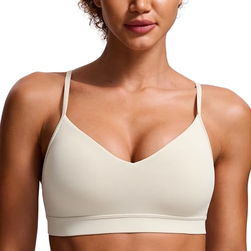 CRZ YOGA Butterluxe V-Neck Sports Bras for Women - Adjustable Thin Straps Padded Yoga Top Basic Wireless Camisole Mojave Tan Large