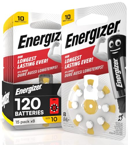 120 Batterie Acustiche Energizer per Apparecchi Acustici Auricolari Misura 10 Giallo - 15 Blister da 8 Pile