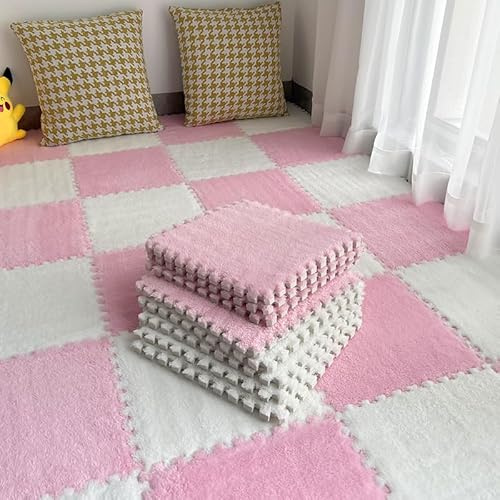 Lot de 10 Tapis de Jeu en Mousse Pelucheuse - Protection de Sol Carrée à Poils Longs - Puzzle pour Salle de Jeux - 30 x 30 x 1 cm - Rose et Blanc