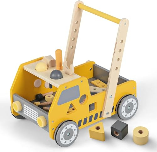 FANTASK Andador de madera, 2 en 1 Baby Walker, andador con centro de actividad múltiple y banco de trabajo, carrito para niños a partir de 1 año en interior