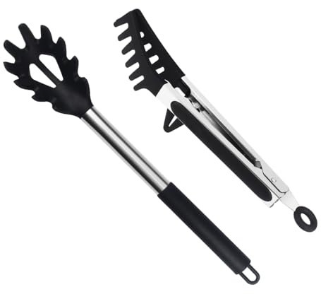 LiangYuanZen Set di 2 cucchiai per spaghetti in acciaio inox, cucchiai per spaghetti, cucchiai in silicone antiaderente, mestolo per pasta e pasta