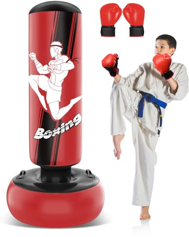 JUOIFIP Boxsack Kinder 160cm Aufblasbarer Boxsack Stehend mit Boxhandschuhen zum Üben von MMA Karate Taekwondo und zum Abbau von aufgestauter Energie