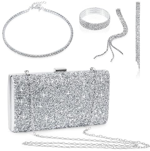 Bolso de Mano de Diamante Bolso de Noche para Mujer Bolso de Fiesta de Plata Bolso de Hombro de Cristal Brillante Bolso de Boda 4 piezas con Collar Pulseras Aretes