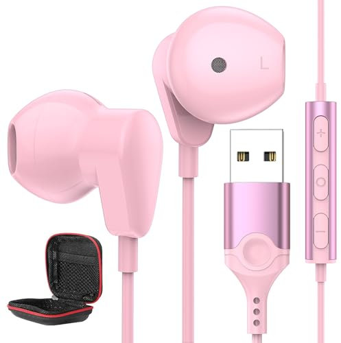 Auriculares PC para Portátil,USB Auriculares con Micrófono Cancelación Ruido Audifonos Gaming PC con Función Silencio Controles Audio Headset para Juegos Transmisión En Vivo Oficina PS 5 PS 4, Rosa