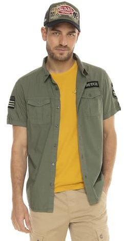Von Dutch Camisa Hombre Manga Corta con Bolsillos, Regular Fit, caqui, M