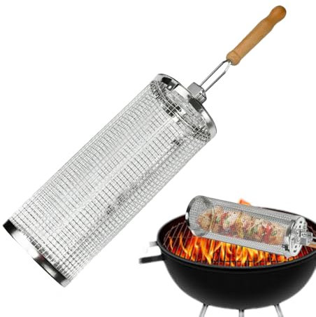 Grill Basket Cage – Stainless Steel Rotating BBQ Holder, Outdoor Cooking Tool | Grilling Net Tube BBQ Rolling Cage, Roasting Grill Cage Used In Meat, Vegetable Camping, Cookout, Barbecue Meal Prep