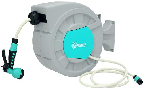 Outsunny Enrouleur tuyau arrosage, dévidoir de tuyaux d'eau, 25+2 m, avec support mural + poignée, pivotant à 180°, 7 options de jets d'arrosage, gris