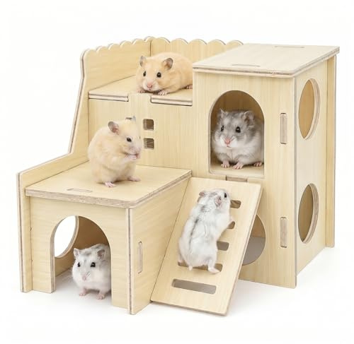 LILIXI Casa Conejo para Pequeños Animales, Casa Cobaya de Madera con Rampa, Escondite de Madera para Jerbos, Degus, Ratones Espinosos (Modelo 3)