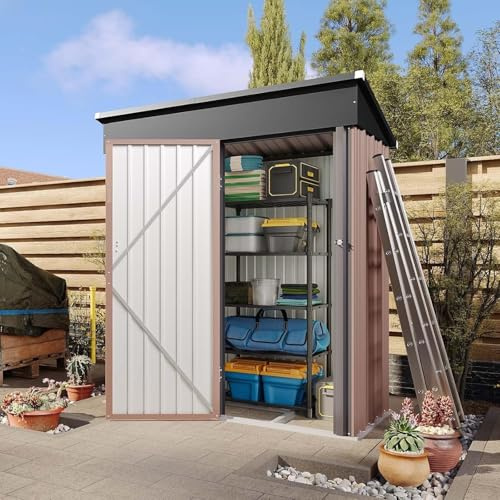 Aoxun Outdoor Storage Shed with Base, 5' x 3' Metal Shed with Air Vent and Lockable Door, Tool Storage, Bike Shed, Garden Tool Storage Shed, for Patio, Lawn, Brown