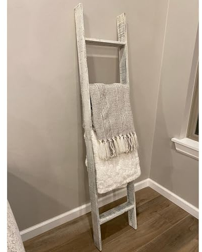 Blanket Ladder 5 Foot Fully Assembled | 60 Inch Rustic Reclaimed Wood Ladder for Blankets, Quilts, Towels, Throws, Decorative Items | Farmhouse Wall Leaning Ladder | White Wash by BarnwoodUSA