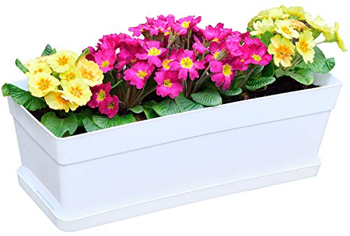 Youngever 3er Pack 38,1 cm Kunststoff Fenster Box Pflanzgefäß Blumenkasten Blumenkasten Pflanzgefäß mit befestigtem Tablett für Fensterbank Garten Balkon weiß